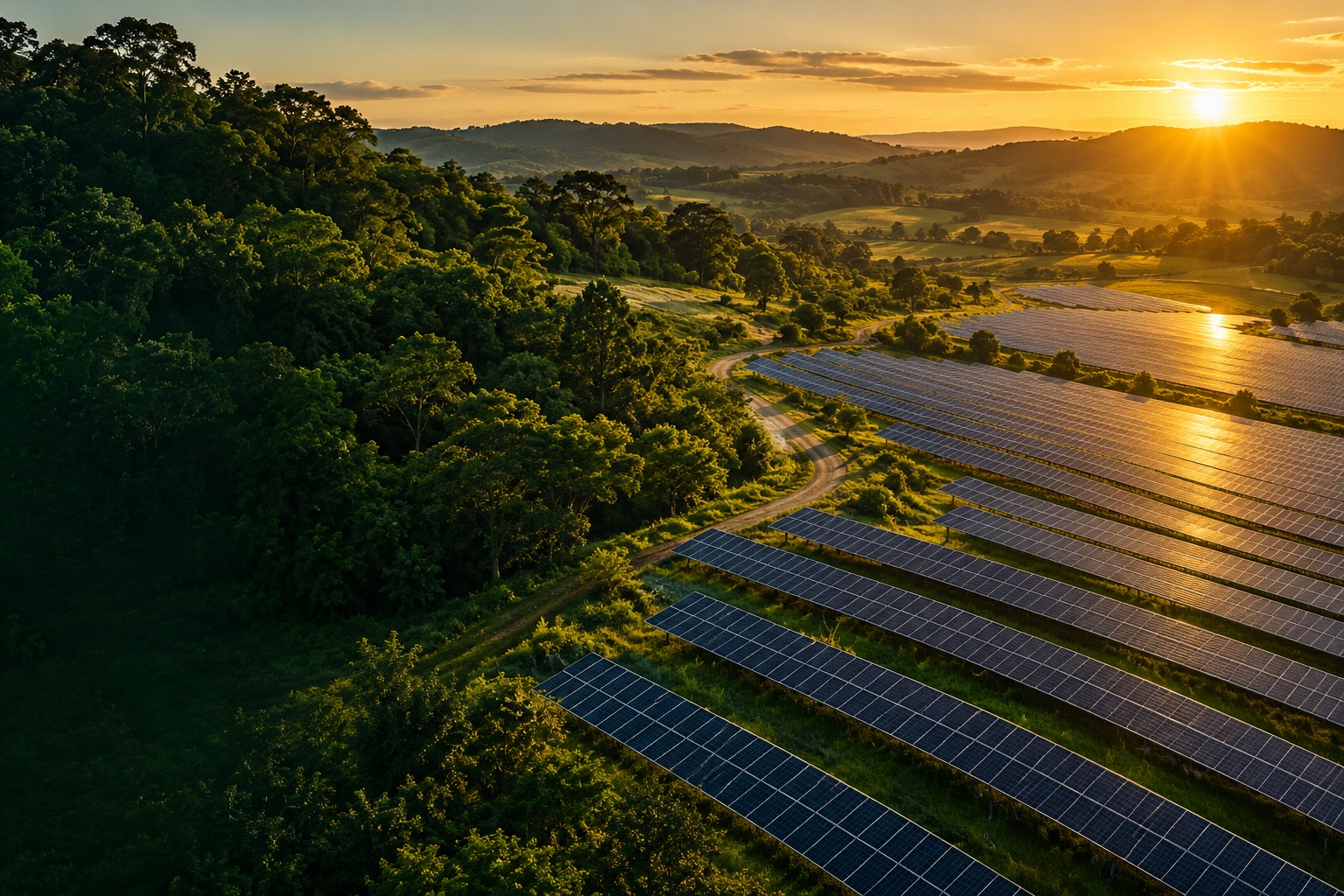 Imagem ilustrativa de uma usina solar em uma paisagem verde ao pôr do sol